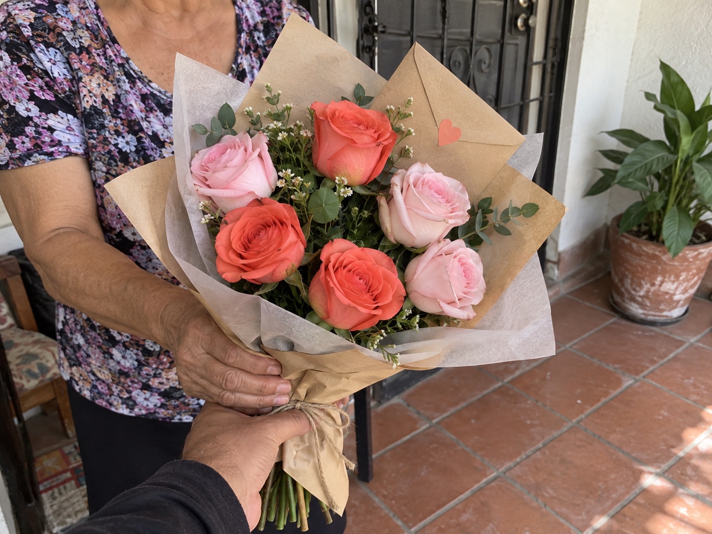 Six-rose bouquet with greenery and a personal card